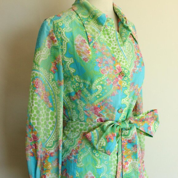 Vintage 1970s Hostess Dress, Volup JS Full Length Maxidress, Pastel Green - Picture 5 of 10